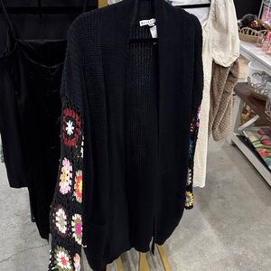 Stylish Black Cardigan with Colorful Crochet Sleeves